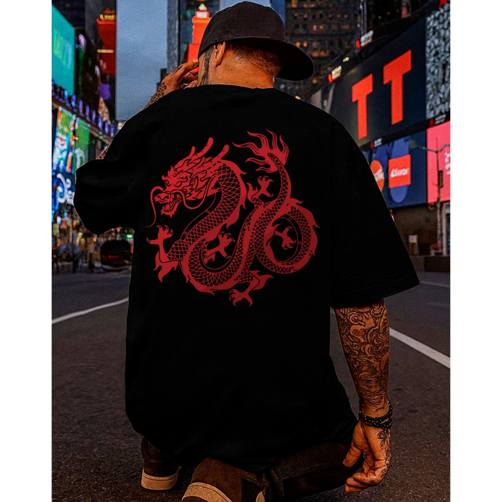 Camiseta Streetwear Masculina Oversized Dragão Vermelho Estampada Algodão Penteado Premium Plus Size
