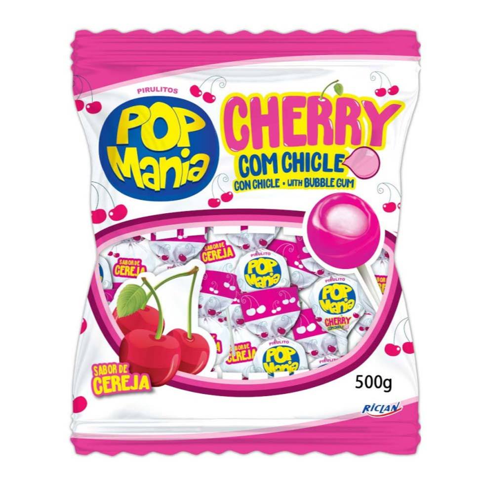 Pirulito Pop Mania Cherry Recheio Chiclete 500g - Riclan