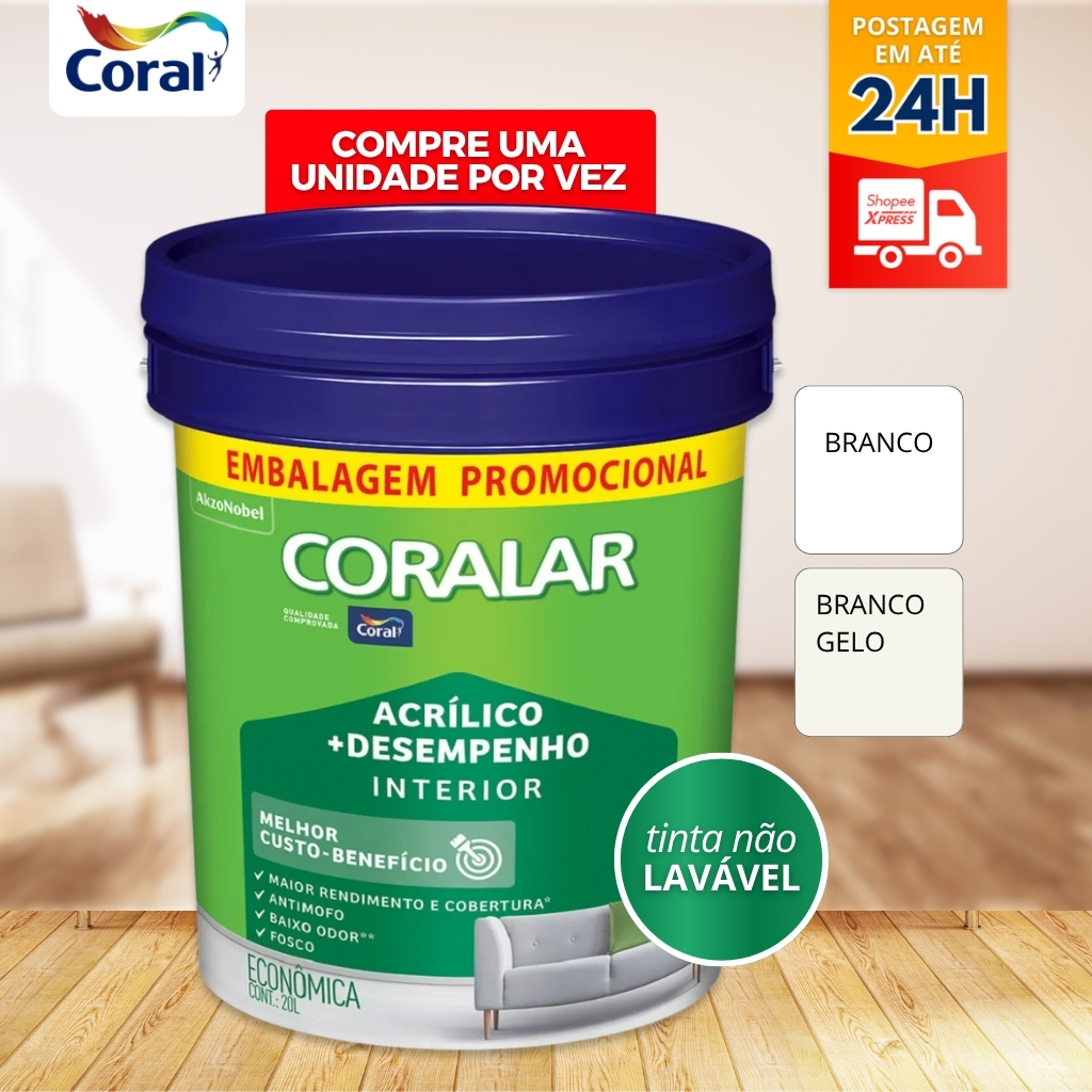 Tinta Acrílica Parede Interna Coralar Branco Fosco 20 Litros Balde - Coral