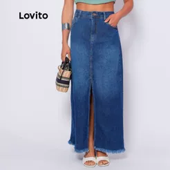 Lovito Saia Jeans Longa com Fenda Casual Moda Modesta Lisa para Mulheres DKB664BRL694