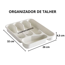 Organizador Gaveta Talheres 5 Divisões Branco Suporte Separador Utensílios 32x26cm