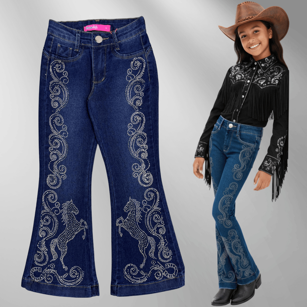 Calça Jeans Flare Feminina Infantil e Juvenil Meninas Com Strass Rodeio Ana Castela Calça de Boiadeira em Oferta na Shopee