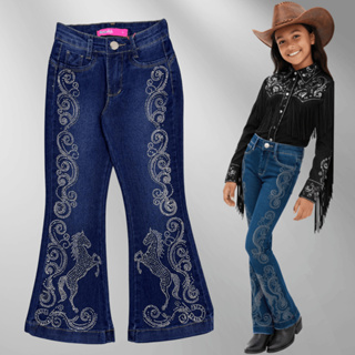 Calça Jeans Flare Feminina Infantil e Juvenil Meninas Com Strass Rodeio Ana Castela Calça de Boiadeira em Oferta na Shopee