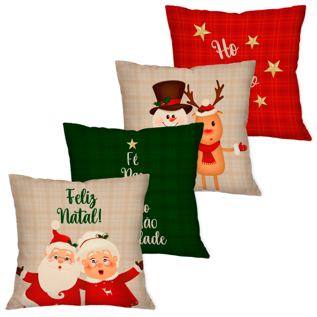 Kit 4 Capas de Almofadas Decorativa Natalinas Papai e Mamãe Noel 45x45 cm