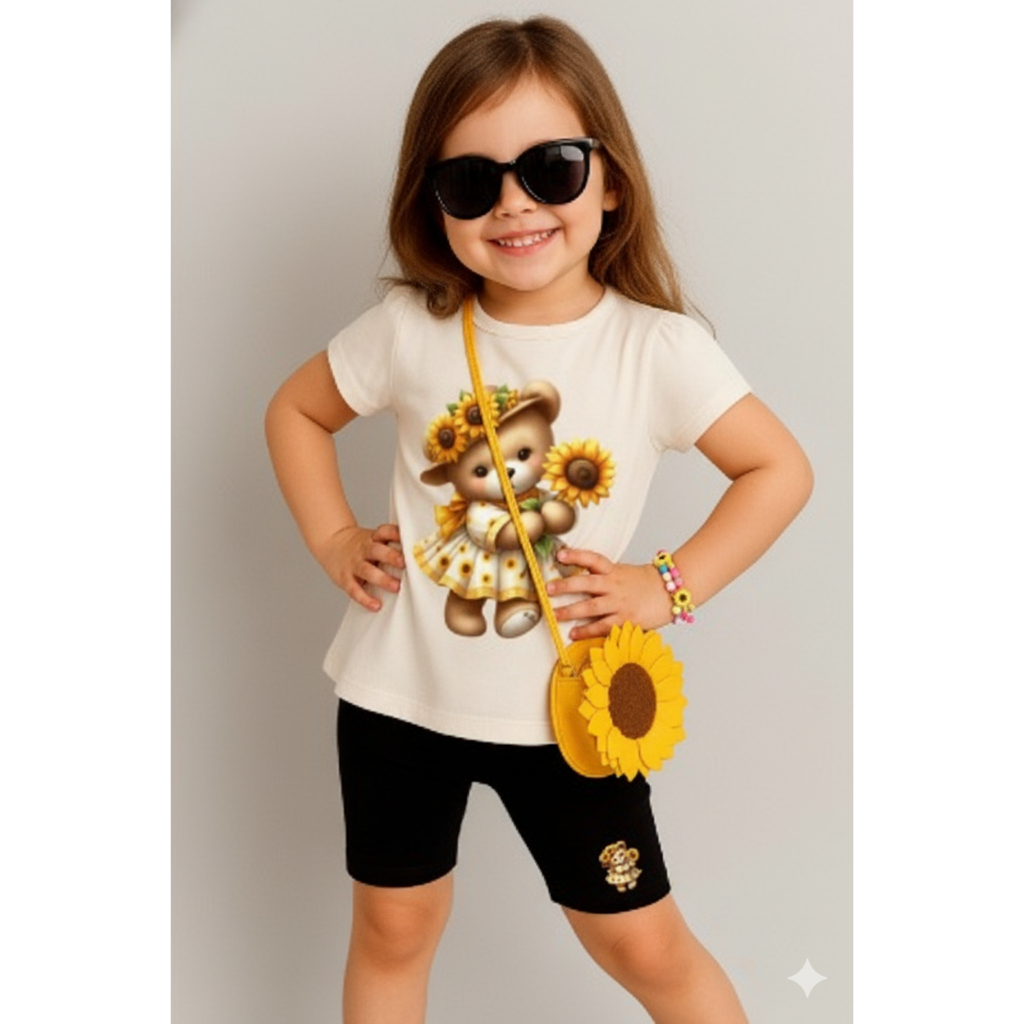 CONJUNTO INFANTIL CAMISETA+BERMUDA CICLISTA CONFORTAVÉL URSINHA LINDA FLORZINHA