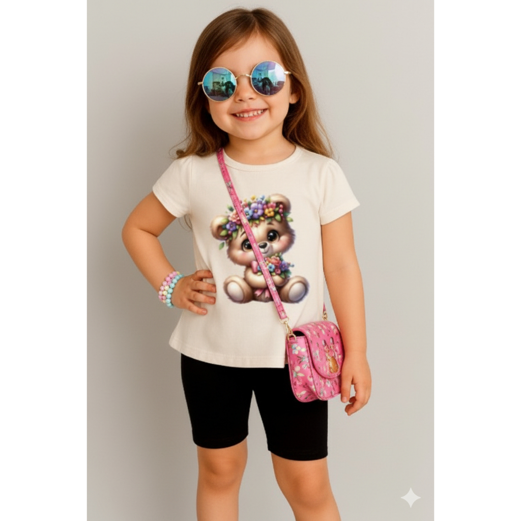CONJUNTO INFANTIL BERMUDA CICLISTA+CAMISETA CONFORTAVÉL E FOFO URSINHA FLORZINHAS