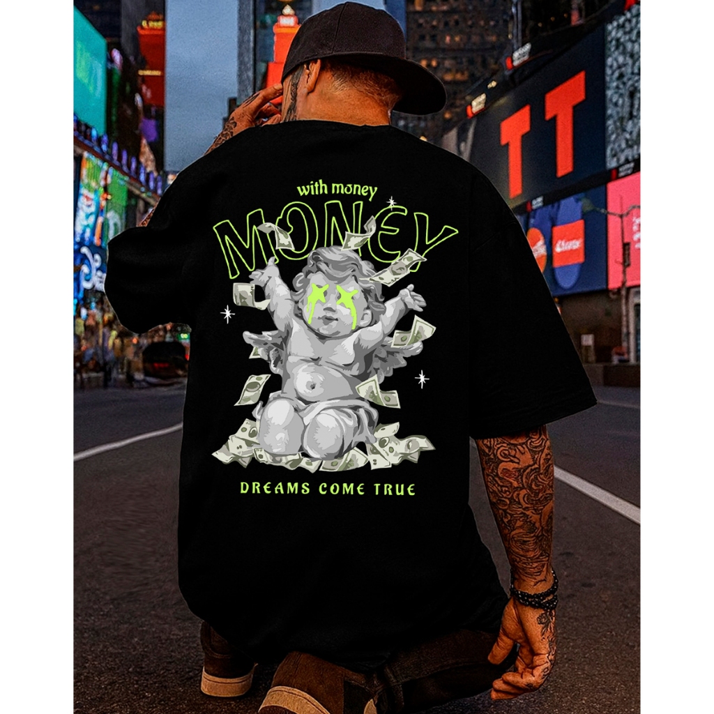 Camiseta Streetwear Oversized Money Dinheiro Cash Anjo Estampada 100% Algodão Penteado Premium