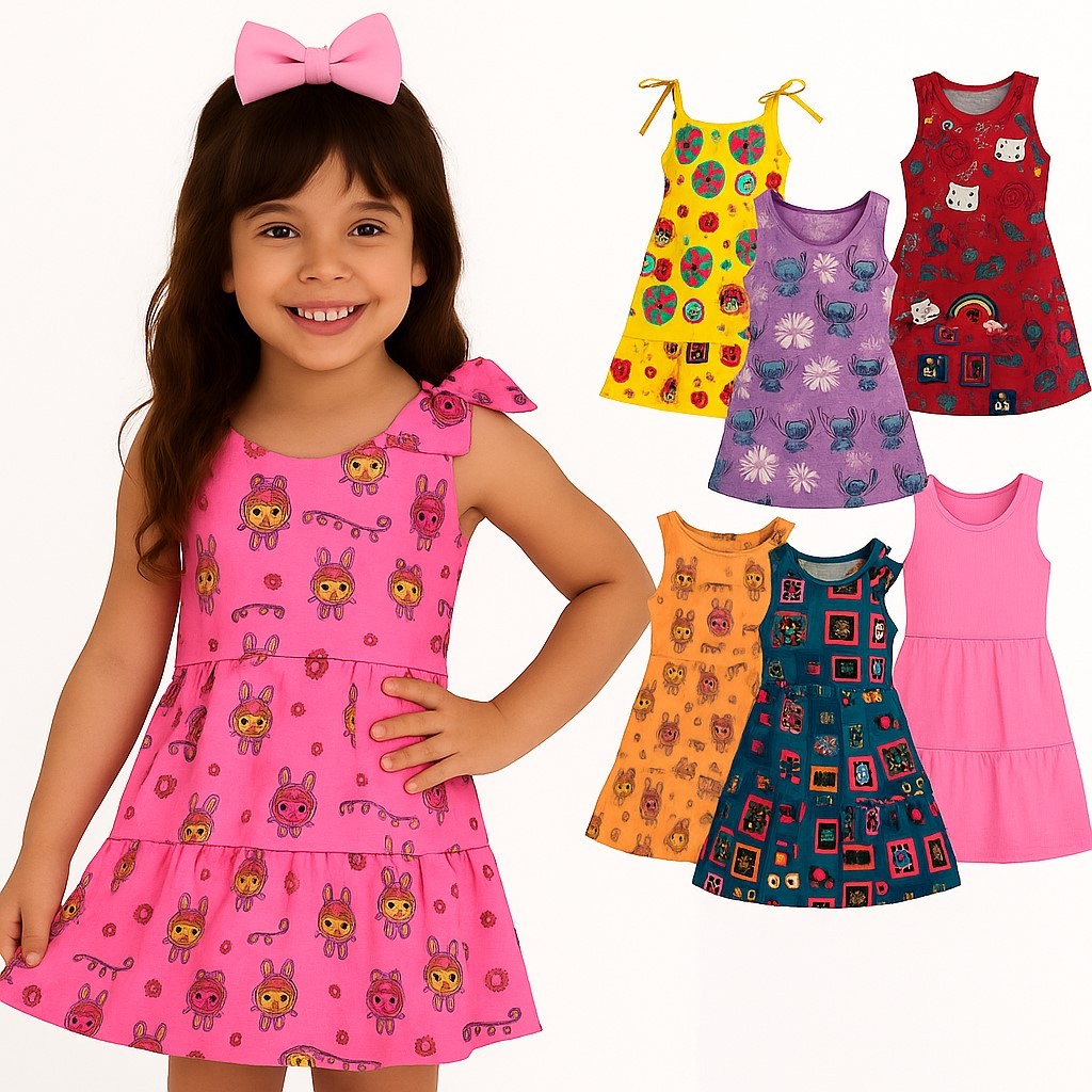 Kit com até 2 Vestidos Infantil menina Tecido Canelado Sortidos de Verão Fresquinhos e Confortáveis 1 a 6 Anos