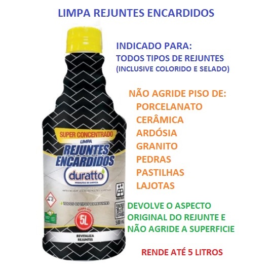 OFERTA KIT 1 2, 3 e 4 Limpa Rejuntes Encardidos Limpador Concentrado Rende até 5 Litros 500ml Duratto