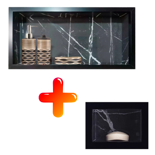 Kit 2 Peças Embutir Porcelanato Preto Rajado Branco Nicho e Saboneteira Banheiro
