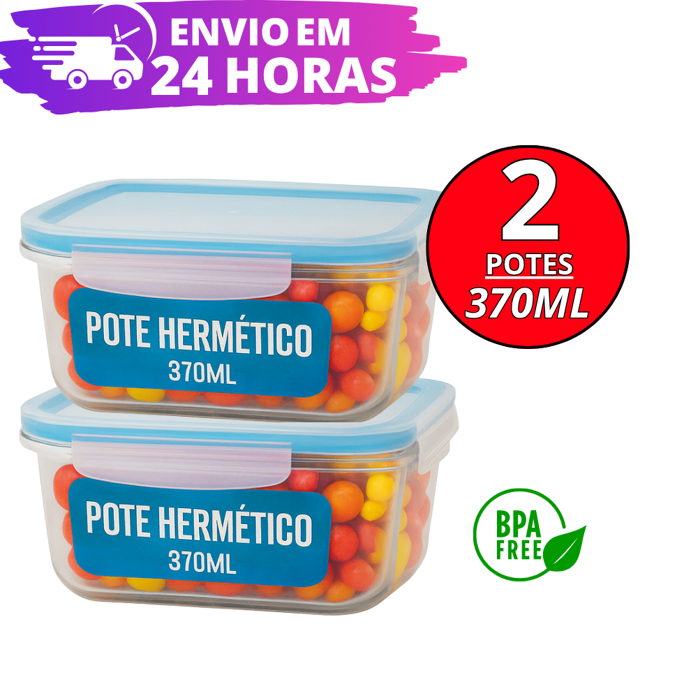 Kit 02 Potes Vidro Resistente 370 ML C/ Tampa Hermético Marmita Fitness Freezer Micro-ondas