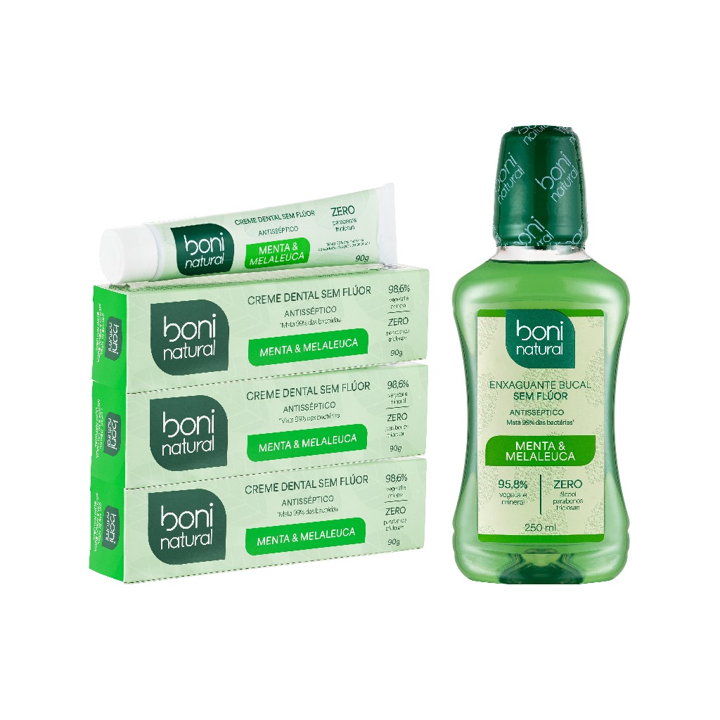 Kit 3 Cremes Dentais Menta e Melaleuca 90g + 1 Enxaguante Bucal Menta e Melaleuca 250ml Boni Natural em Oferta na Shopee