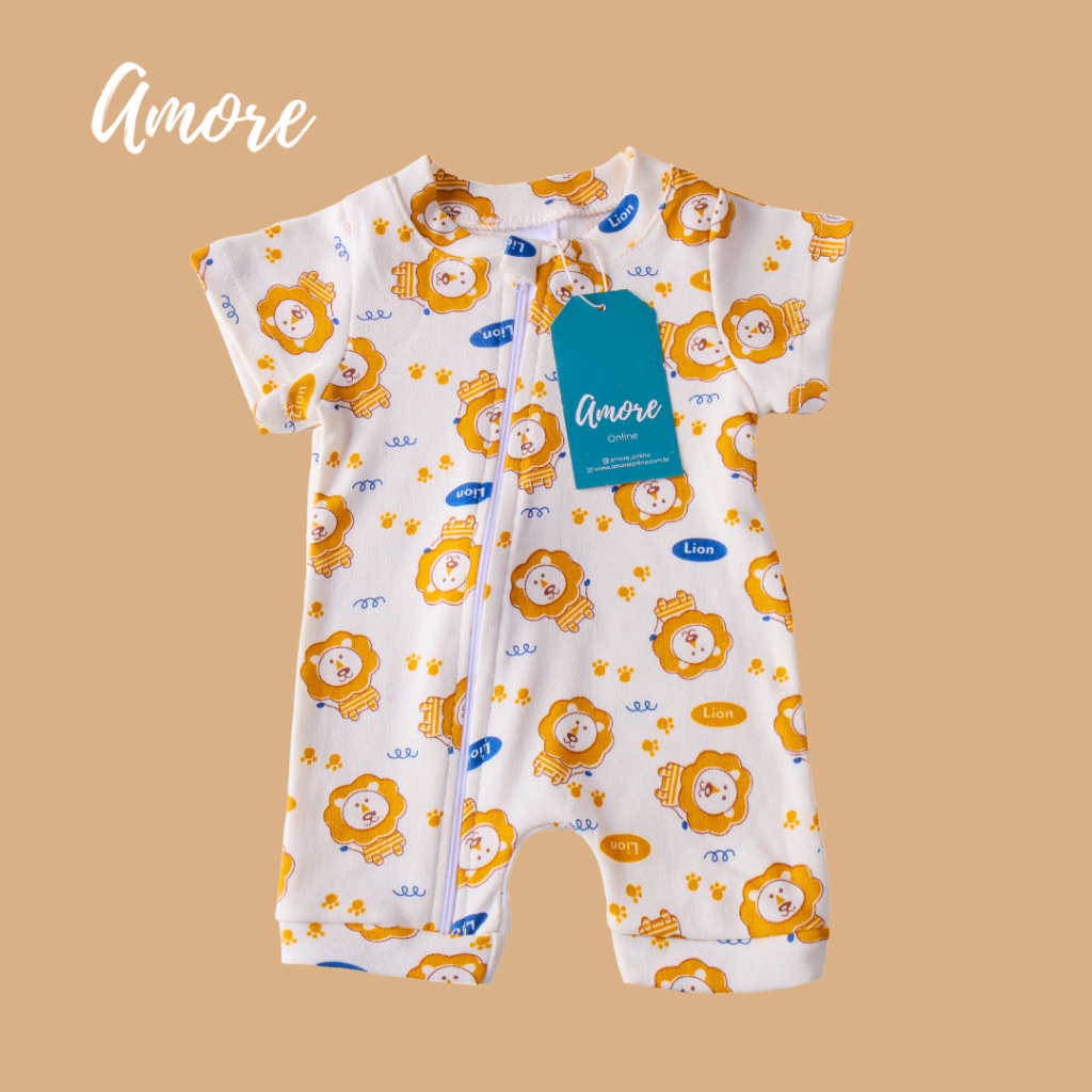 Macacão Bebê Curto Amore Leãozinho Verão 100% Algodão