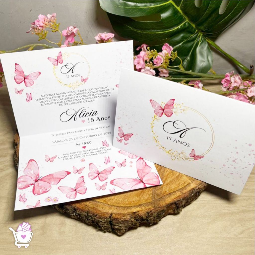 Convite Borboleta Rosa - Delicadeza para 15 Anos e Batizados