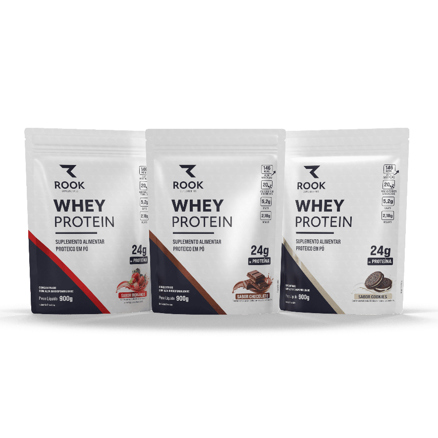 Kit 3 Whey Protein Concentrado 900g Suplemento Alimentar para Treino Academia Dieta Rook Suplementos