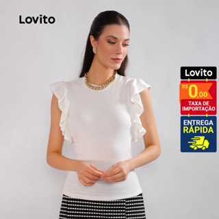 Lovito Blusa Feminina de Malha com Babados nas Mangas BLB520BRL550 em Oferta na Shopee