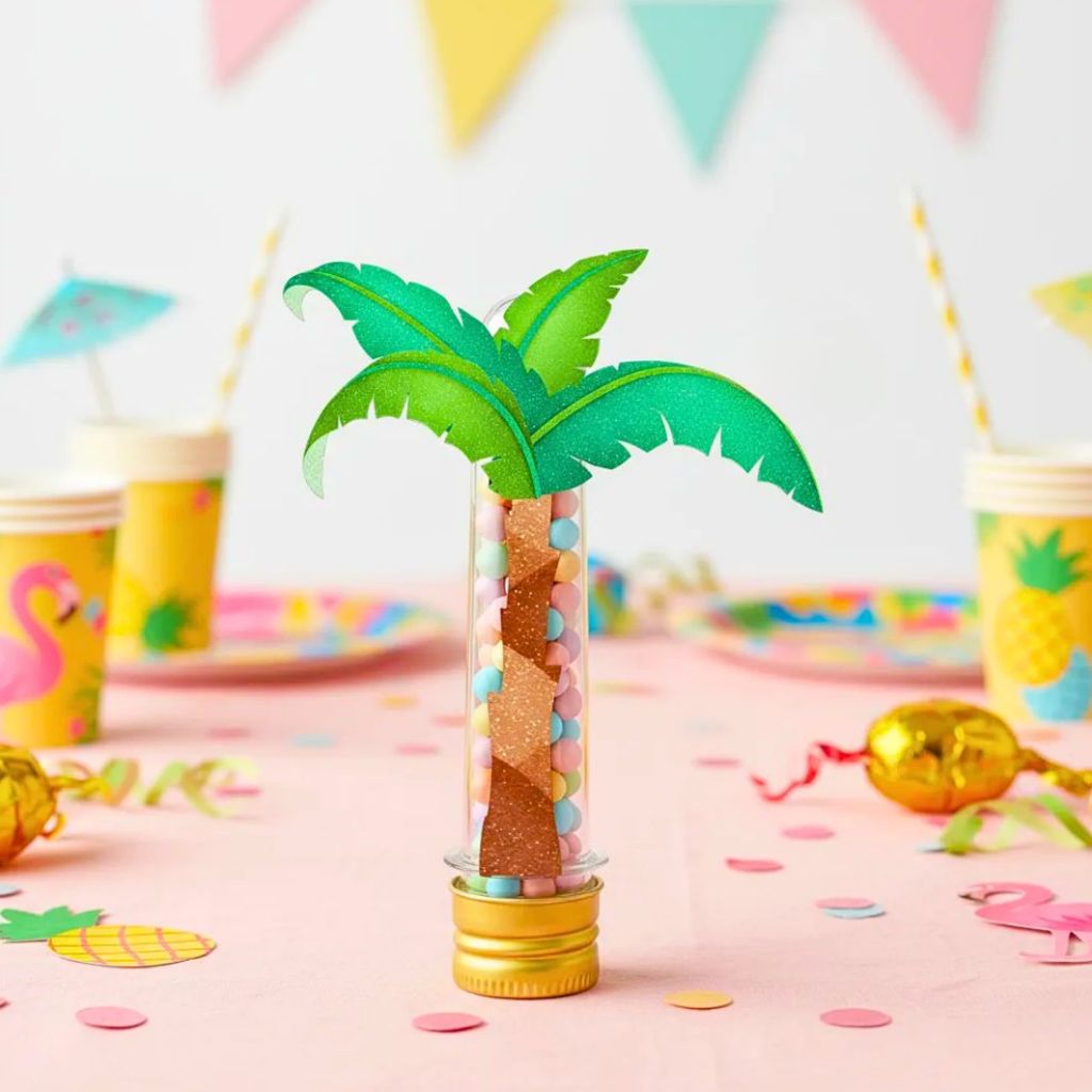 Tubete Acrílico + Apliques 3D Coqueiro-VÁRIAS CORES Decoração Festa Lembrancinh Moana Sonic Tropical