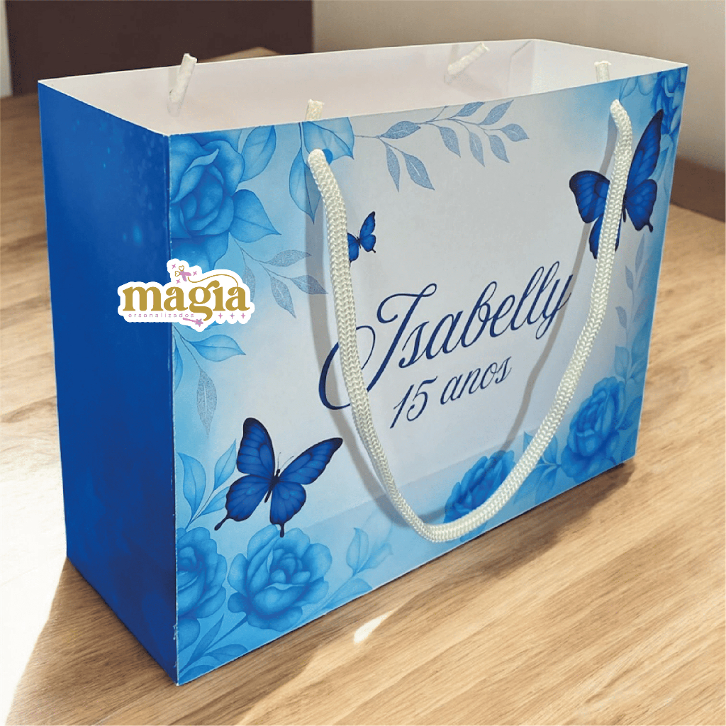 Sacolinha personalizada PEGUE E MONTE 15 anos Azul e Borboletas