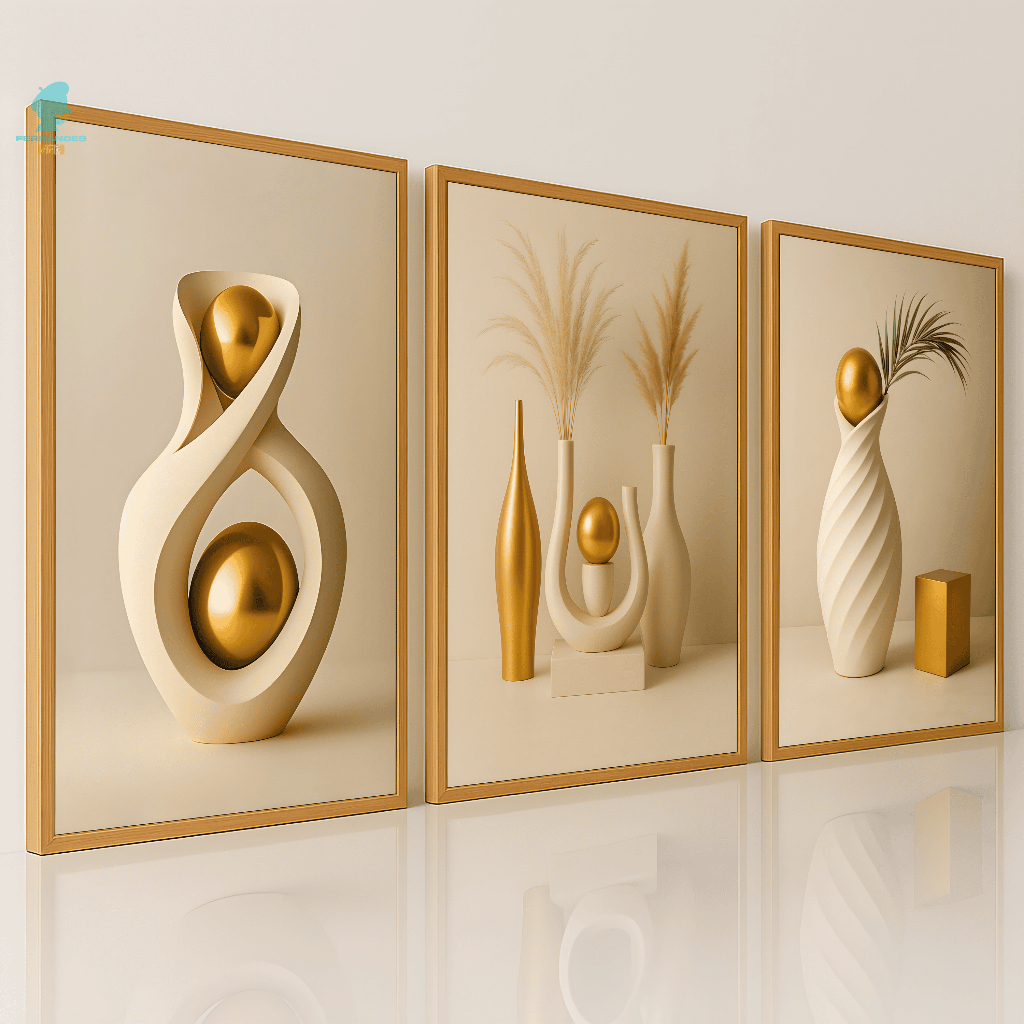 Quadros Decorativo Trio Vasos Geométricos Bege e Dourado Abstrato Sala Quarto