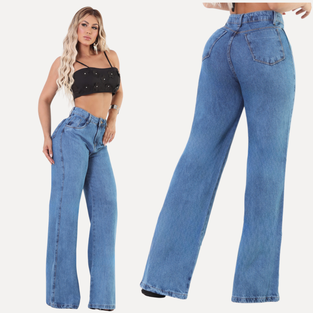 Calsa Feminina Jeans Wide leg Algodão Não Estica Pantalona Larga Cos Alto