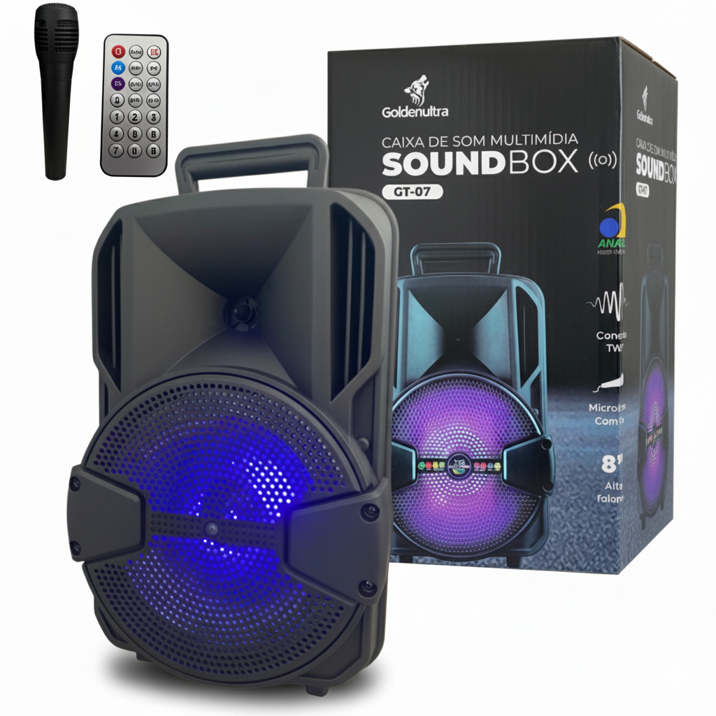 Caixa de Som Bluetooth Portátil LED Karaokê, Microfone e Controle Remoto, Potente 2000W PmPo, USB/FM