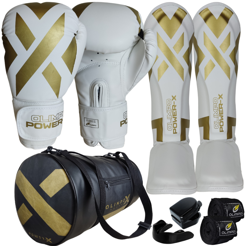 Kit Muay Thai Luva + bolsa + caneleira + bandagem 5M + case + bucal  Power-X Edition Olimpo Esportes