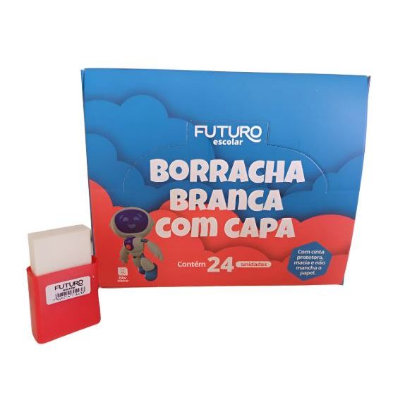 Borracha Escolar Branca com Capa – Caixa com 24 Unid. | Atacado | Ideal para Sala de Aula e Escritório