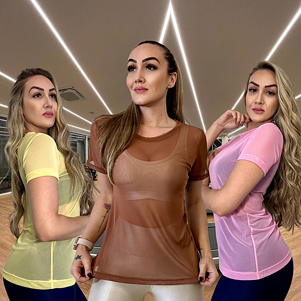 Blusa Feminina Tulê Fitness Academia Transparente Dry Fit Treino em Oferta na Shopee