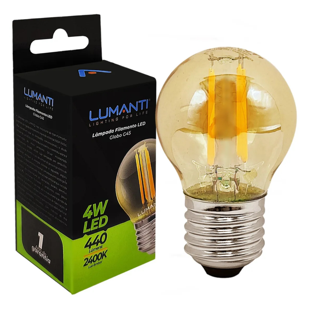 Lâmpada G45 Filamento LED 4W Âmbar 220v E27 2400K – Estilo Retrô, Luz Quente Decorativa