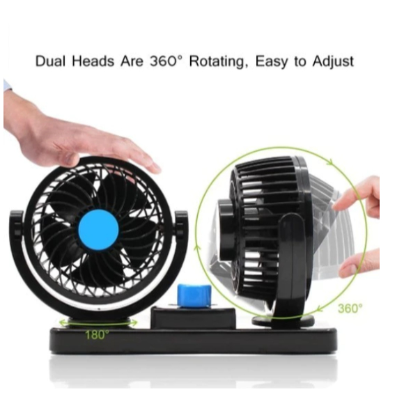 Ventilador Automotivo Duplo 12V/24V Portátil Rotação 360° Com Base E Plug Para Carro Caminhão E Veículo