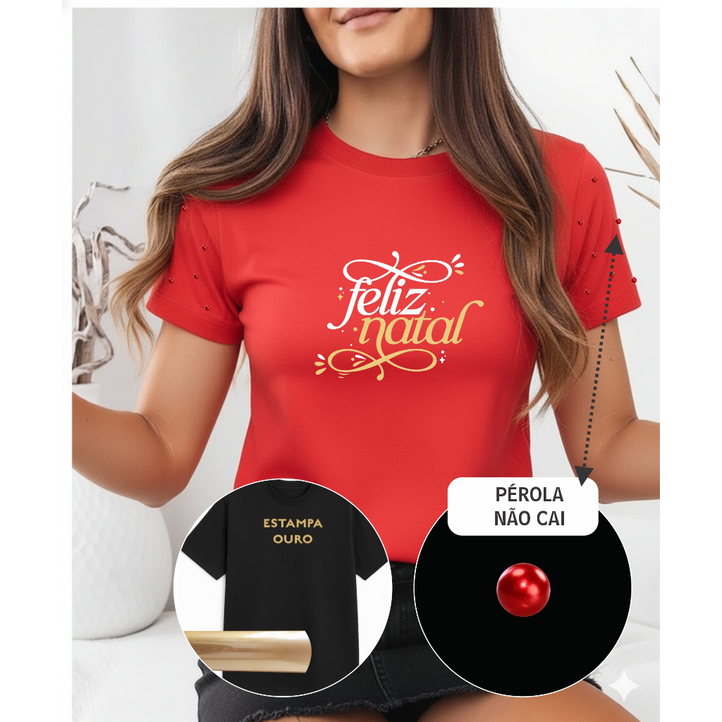 blusa feminina com pedraria festa natal camiseta vermelha brilho natalina COM PÉROLA 100% algodão