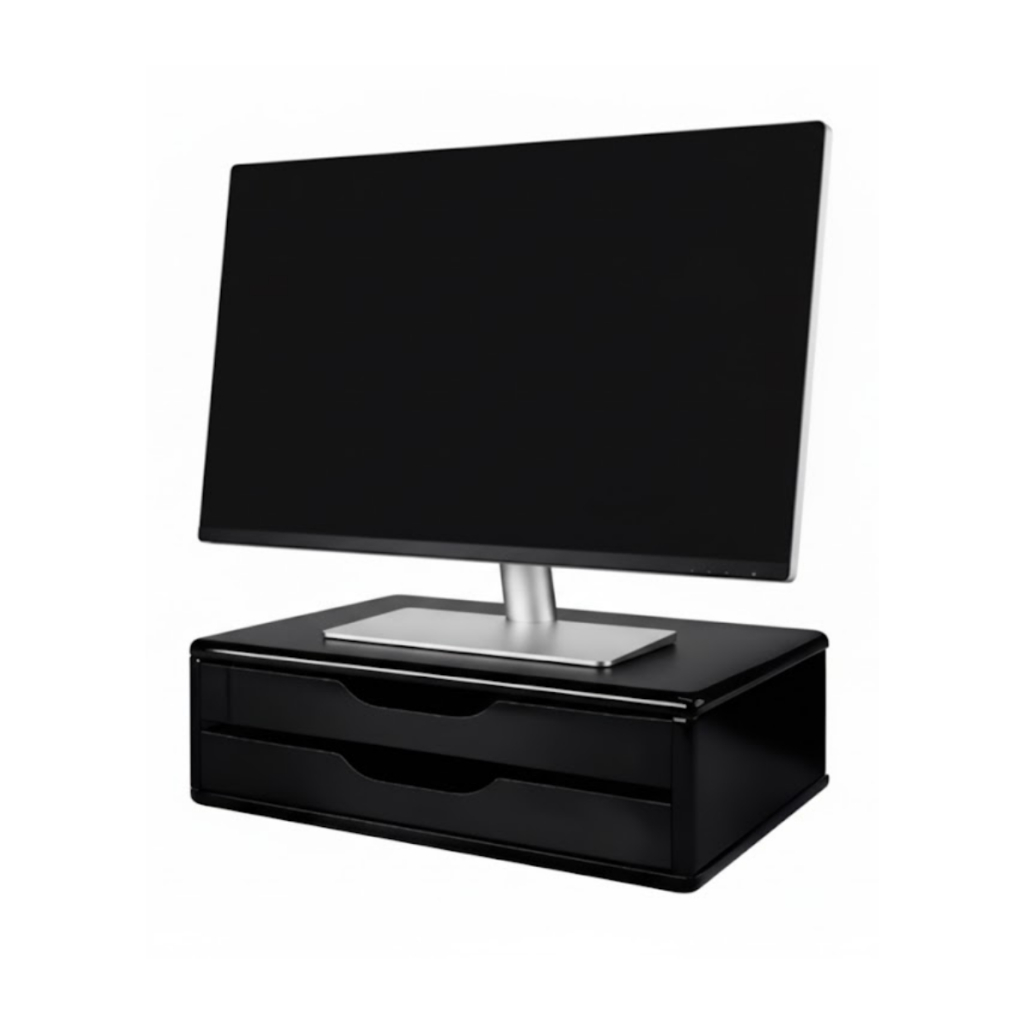 Suporte Para Monitor E Notebook Preto Com 2 Gavetas MDF Escritório Computador