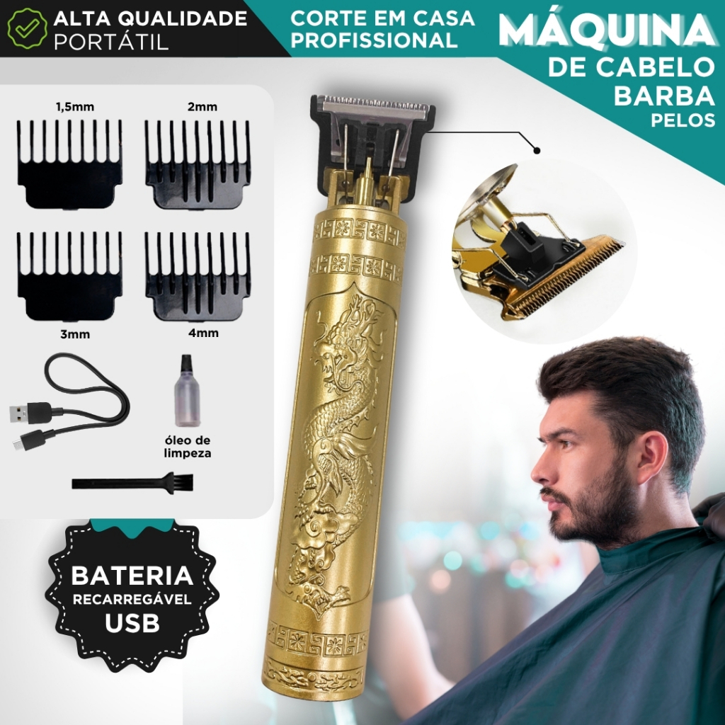 Máquina de Cortar Cabelo e Barba Profissional Recarregável USB Dragão 4 Pentes Lâmina de Aço - AERO