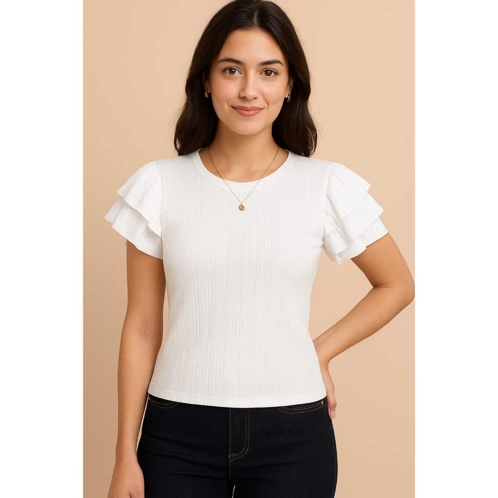 Blusa feminina tecido canelado manga três babados  veste do 36 ao 44