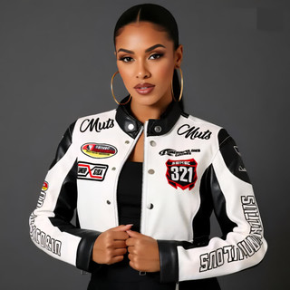 Jaqueta de couro Feminina | Jaqueta MUTS | Jaqueta de couro estampada | jaqueta curta feminina motoqueiro