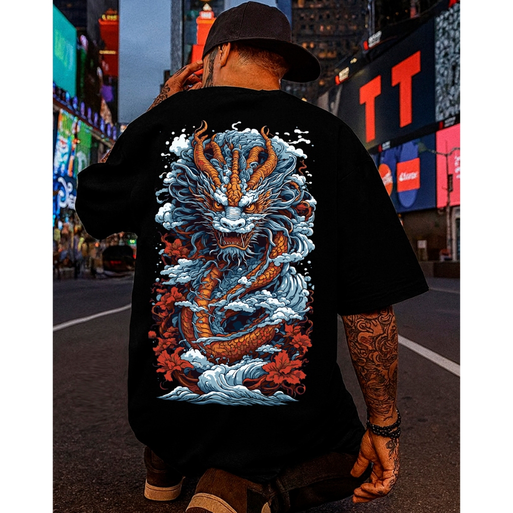Camiseta Streetwear Oversized Dragão Japonês Estampada Algodão Penteado Premium Plus Size Lançamento