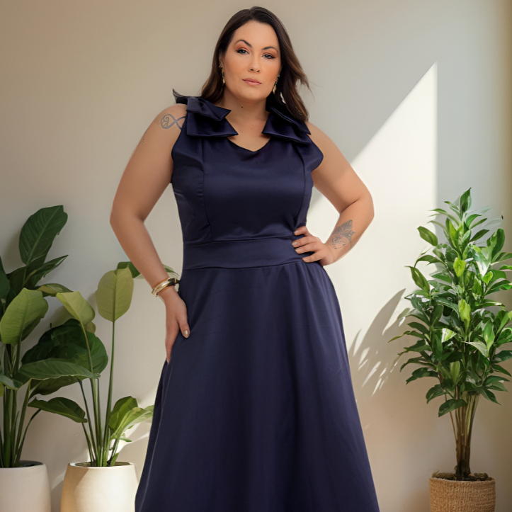 Vestido Festa Plus Size Longo Crepe Madrinha 2 Laços Elegante Removivel