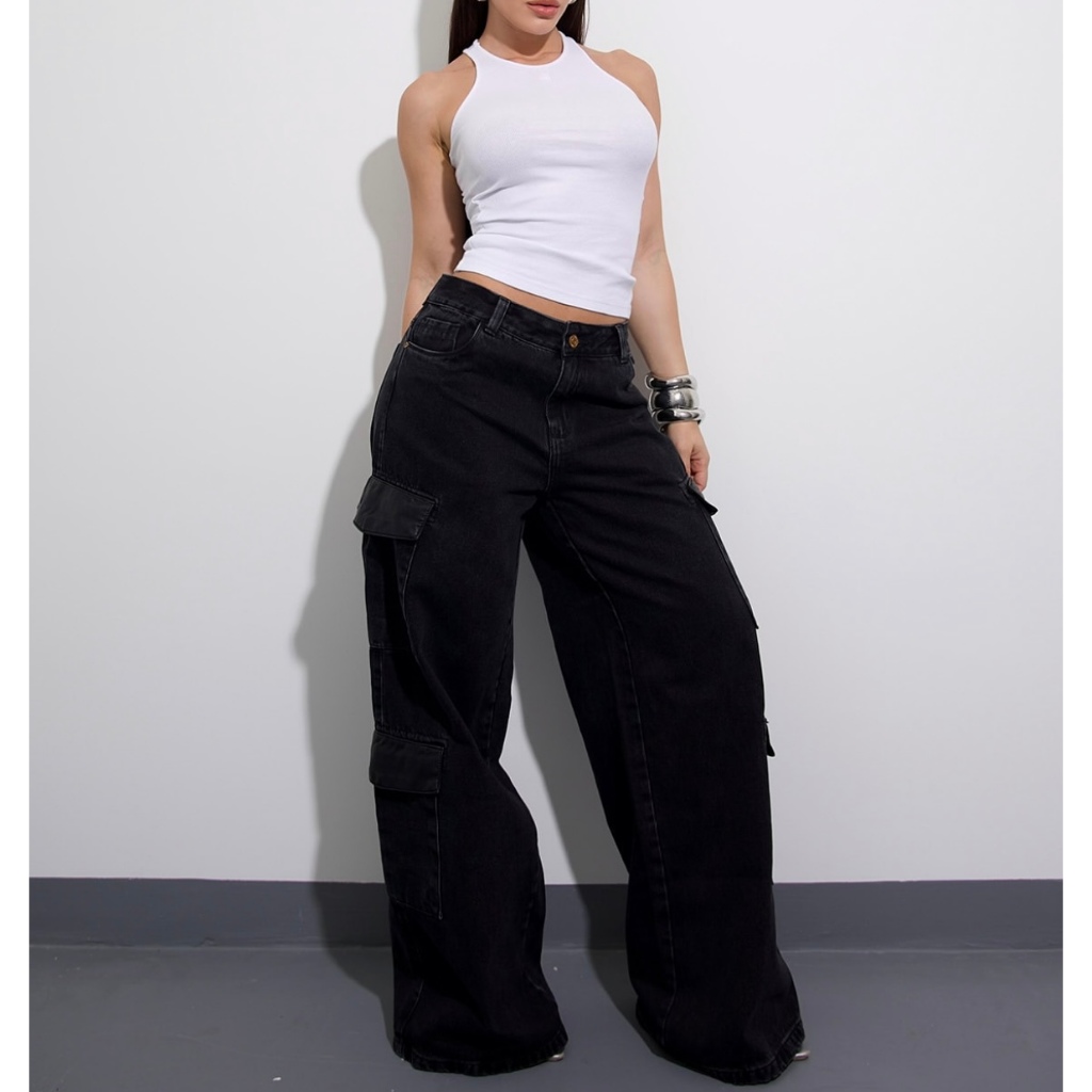 Calça Cargo Jeans Feminina Preta em Oferta na Shopee