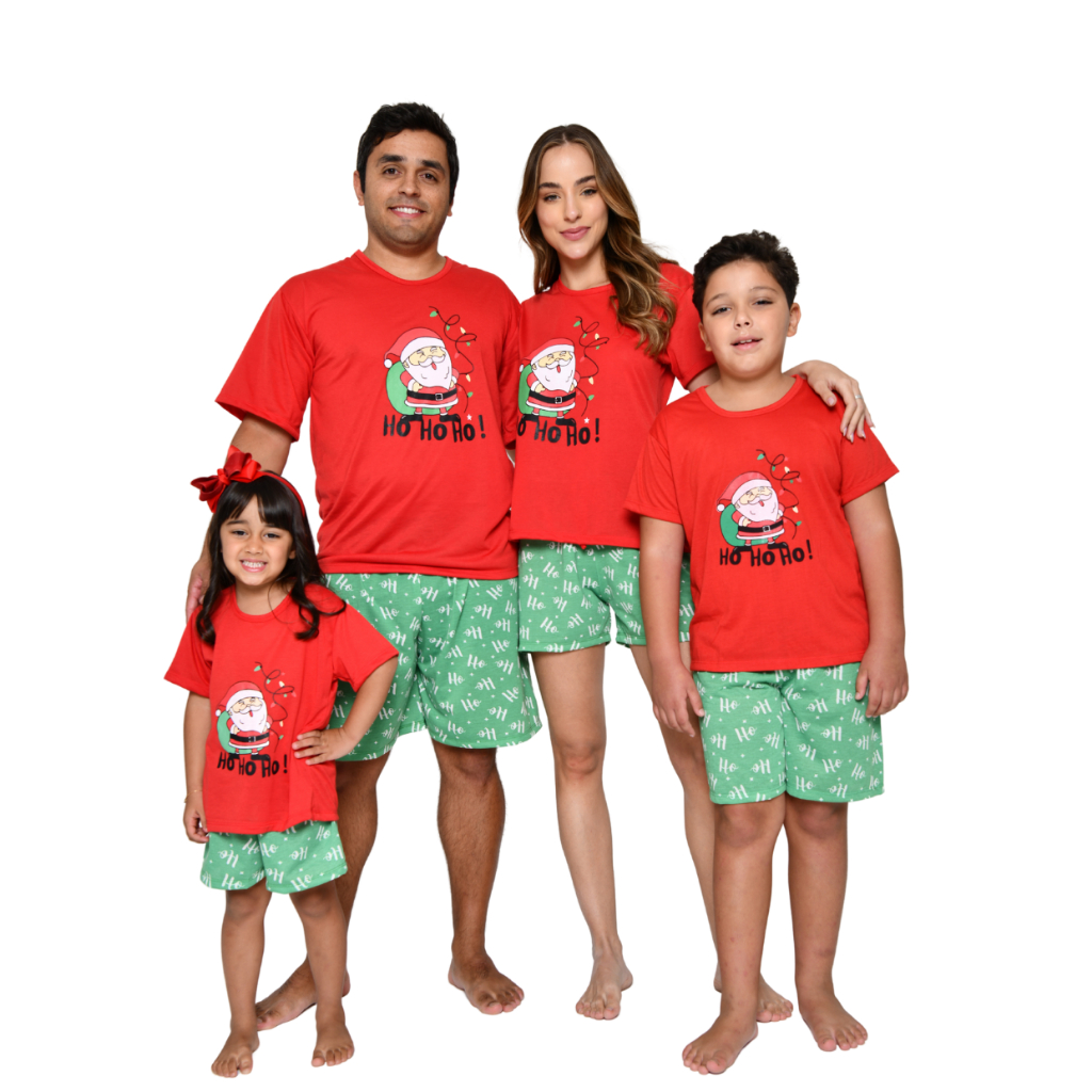 Kit Pijama Natal Familia Tal Pai Tal Filho & Tal Mãe Tal Filha Verão Estampado Noel