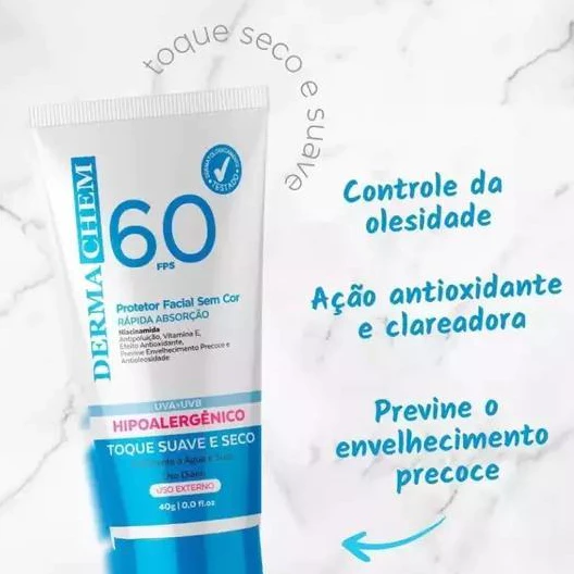 PROTETOR SOLAR FACIAL SEM COR FPS 60 DERMACHEM 40g — imagem 1
