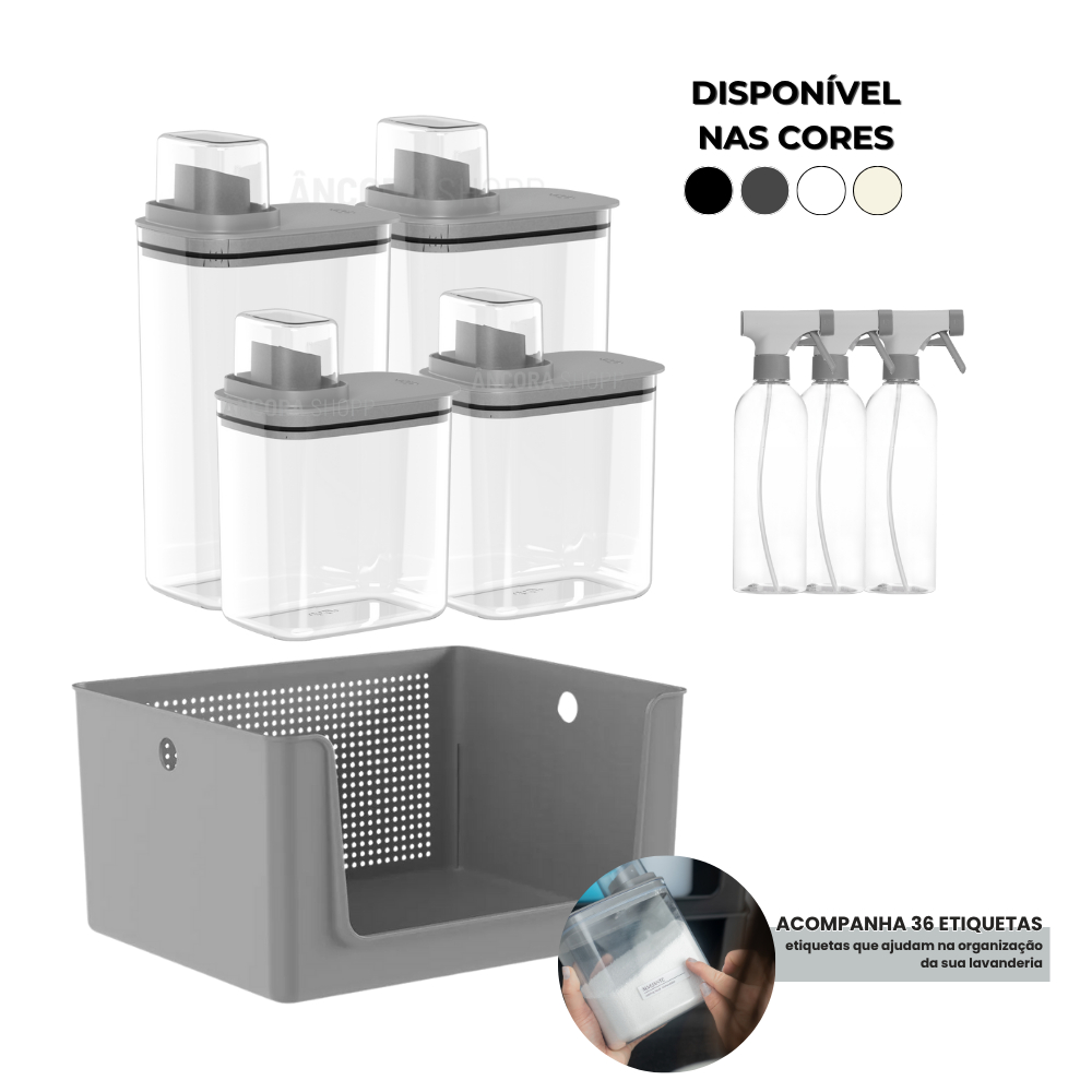 Kit 8 peças Organizador Lavanderia Dispenser 1,5 E 2,3 Litros 3 Borrifadores 500ml e Cesto 16 Litros em Oferta na Shopee