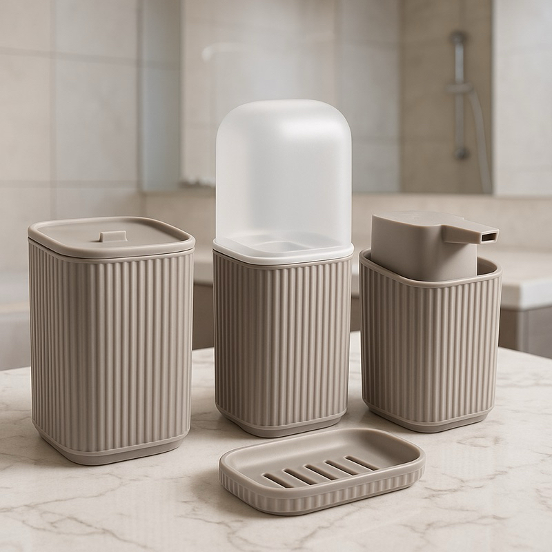 Kit 4 Acessórios Para Banheiro Lavabo Dispenser Porta Sabonete Líquido Porta Algodão Porta Escovas e Saboneteira