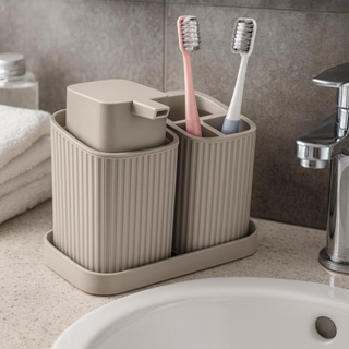 Kit 2 Acessórios Para Banheiro Lavabo Duo Porta Sabonete Liquido Porta Escovas Com Bandeja Envio Imediato em Oferta na Shopee