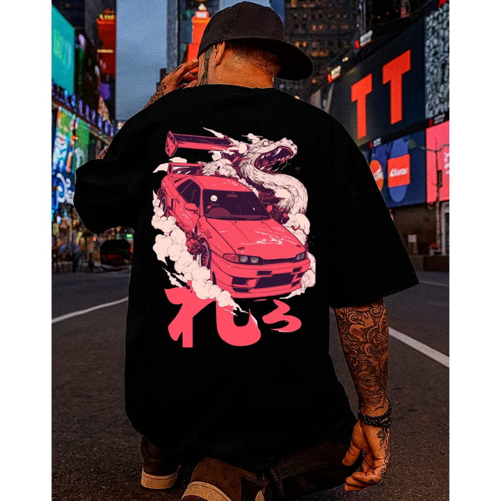 Camiseta Streetwear Masculina Oversized Drift Car Sky Japonês Estampada Algodão Penteado Premium