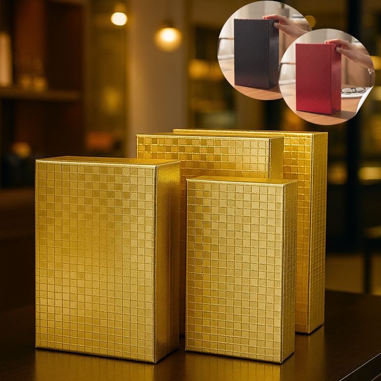 Caixa Luxo Rígida Alto Brilho com Textura Acabamento Premium - Dourada, Vermelha e Preta