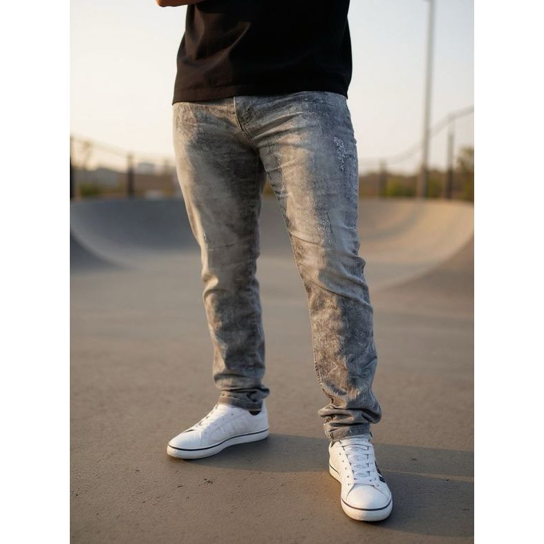 Calça Jeans Masculina Reta Slim Marmorizada Lycra Elastano Premium Cinza Claro