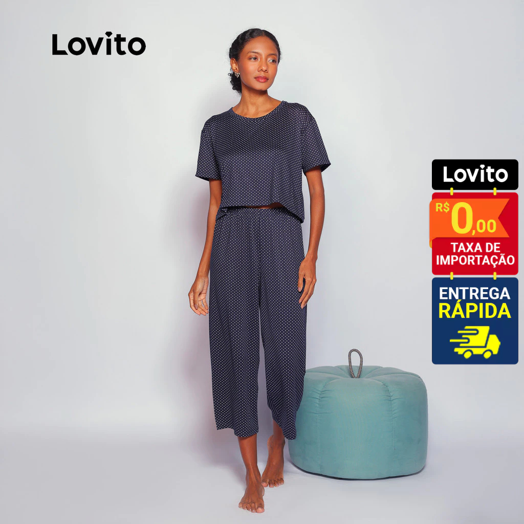 Lovito Conjunto de Pijama Calça e Blusa de Manga Curta Com Estampa Bolinhas PJB720BRL750
