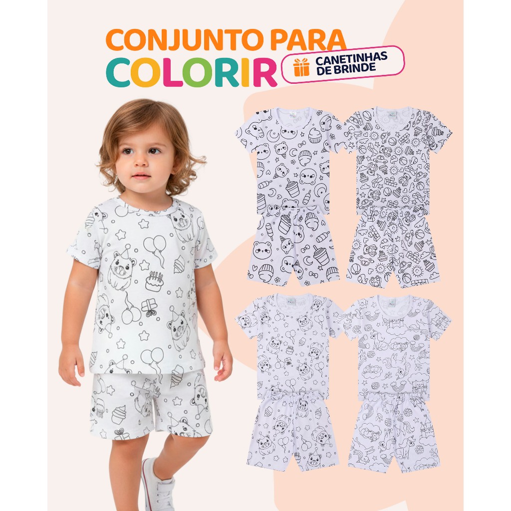 Kit de 1, 2 ou 3 Conjuntos Pijama Bebê Menina de Colorir +Canetinhas  Pijama Infantil Feminino em Oferta na Shopee