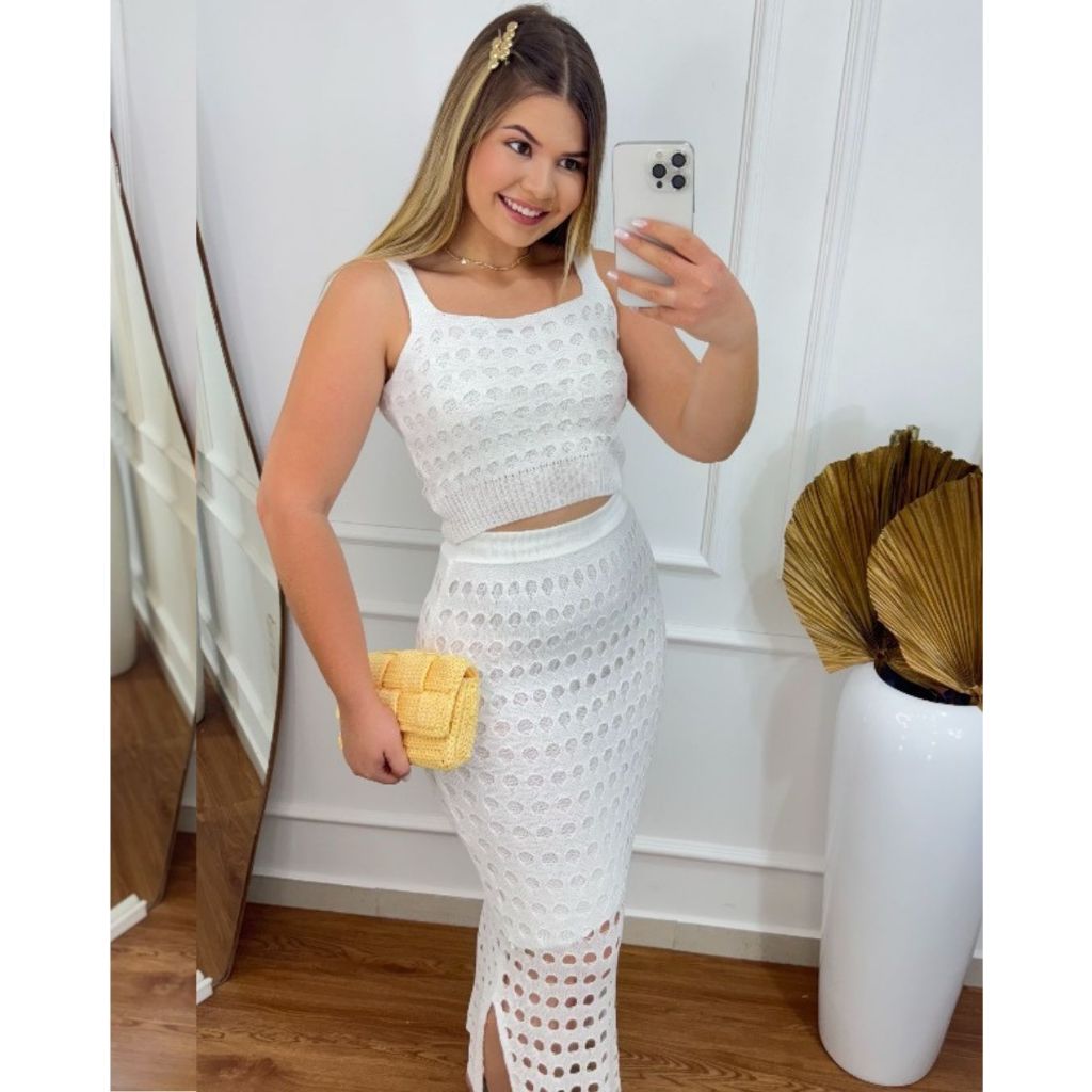 Conjunto Feminino Tricot Saia Longa E Cropped Top Tricô Trama Rendada Verão em Oferta na Shopee