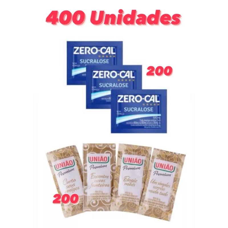 400 Unidades de Sachês - 200 de Açúcar União + 200 de Adoçantes Zero - Cal em Oferta na Shopee